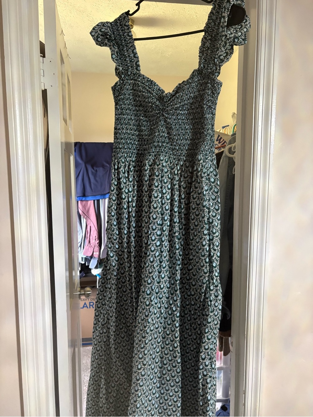 LOFT Teal and White Smocked Maxi Dress with Ruffle Straps